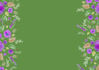 Painted watercolor composition with flowers and leaves. Frame of roses. Floral border. Can be used as invitation card for wedding, birthday, other holiday, summer background, poster, banner.