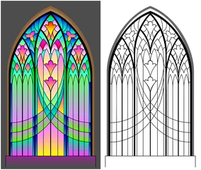 Papier peint adhésif Coloré Colorful and black and white pattern of Gothic stained glass window. Worksheet for children and adults. Vector image.