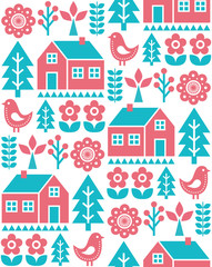 Finnish inspired folk art seamless pattern - Scandinavian, Nordic vector design in turquoise and red