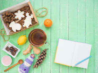 Glass cup of black tea, chocolate and gingerbread gingerbread on a mint-colored table