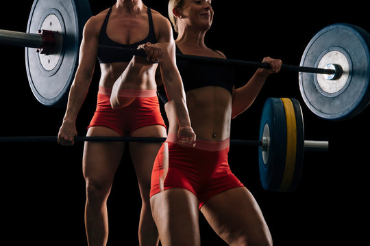 Double exposure of young female weightlifter practicing clean and jerk