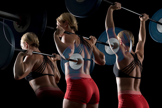 Multiple exposure of young female weightlifter practicing barbell weightlifting from her shoulders