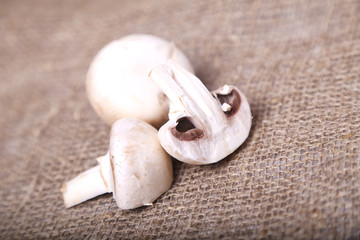 Champignon mushrooms on a linen background