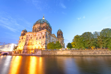 Sunset view of Berliner Dom along Spree river. City Cathedral in summer © jovannig