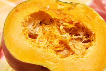 Insides of cut pumpkin closeup