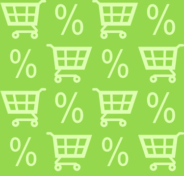 Muster nahtlos Einkaufswagen und Prozentsymbol aud gr&uuml;nem Hintergrund