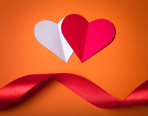 Happy Valentines day, Red and White Hearts from paper. Good Holiday Card.