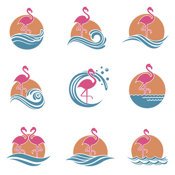 collection of pink flamingo emblems with sun and waves