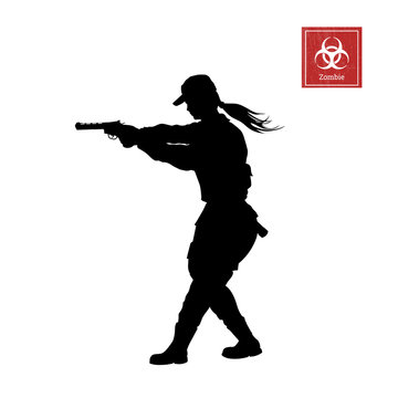 Black silhouette of police woman with gun on white background. Girl security. Zombie shooter. Character for computer game or thriller