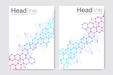 Scientific brochure design template. Vector flyer layout, Molecular structure with connected lines and dots. Scientific pattern atom DNA with elements for magazine, leaflet, cover, poster design.
