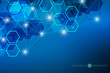 Geometric abstract background with connected line and dots. Structure molecule and communication. Big Data Visualization. Medical, technology, science background. Vector illustration.