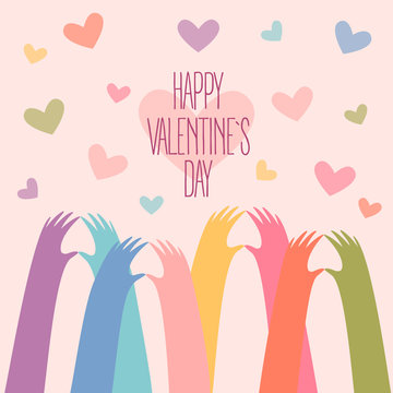 Happy Valentines Day Card Design. Many Hands Making A Heart Shape With Fingers. Romantic Colourful Vector Illustration With Hearts On Background