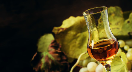 Golden Alcoholic Drink Being Poured Into Shot Glass, Rustic Still Life, Selective Focus