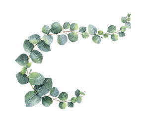 Watercolor vector wreath with green eucalyptus leaves and branches.