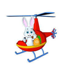 Easter greeting card hare waving hand helicopter red eggs transportation white background cartoon style isolate  © eddystocker