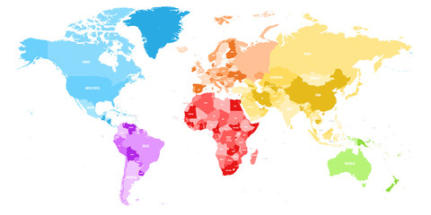 Fototapeta na wymiar Colorful political map of World divided into six continent with country name labels. Vector map in rainbow spectrum colors.