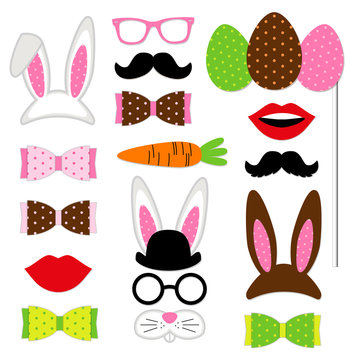 Cute Easter photo booth props as set of party graphic elements of easter bunny costume as mask, ears, eggs, carrot etc