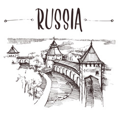 Hand drawn Russian Kremlin, urban sketch. Hand-drawn book illustration, touristic postcard or poster template in vector