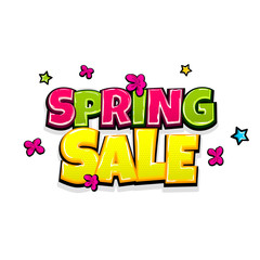 Low price spring sale comic text pop art advertise. Cute comics book seasonal rates poster phrase. Vector colored halftone illustration. Glossy wow greeting banner graphic. Isolated background.