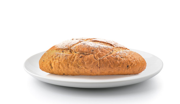 french round bread in a plate isolated on a white background