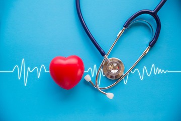 stethoscope and red heart with cardiogram - obrazy, fototapety, plakaty