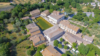 Fototapeta na wymiar Aerial view of Bagno Vignoni in Tuscany. Bagno Vignoni is a thermal town