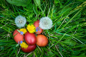 Colorful easter eggs in basket. Happy Easter, Christian religious holiday.