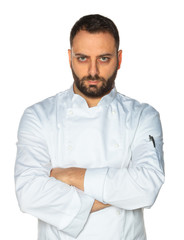 Young chef on white background.