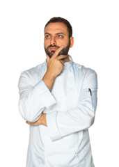 Young chef on white background.