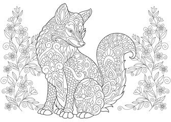 Coloring Page. Adult Coloring Book. Wild Fox and summer or spring Flowers. Antistress freehand sketch drawing with doodle and zentangle elements.