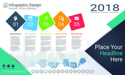 Business infographics template, Milestone timeline or Road map with Process flowchart 4 options, Strategic plan to define company values, Scheduling in project management to make facts and statistics.