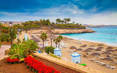 Beautiful summer holiday on EL Duque beach of Tenerife, on Adeje coast, Canary Island 