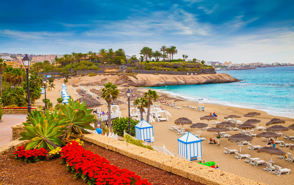 Beautiful summer holiday on EL Duque beach of Tenerife, on Adeje coast, Canary Island 