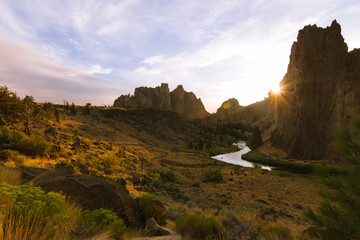 Colorful Sunset Over Smith Rock State Park and Crooked river in Central Oregon - 187617014