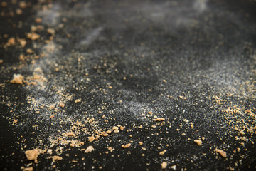 black chopping board with bread crumbs, Background of kitchen tool with copy space