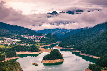 Panoramic view of lake of Centro Cadore in the Alps in Italy, Dolomites, near Belluno.