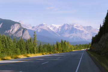 Scenic highway in Rocky Mountains in Canada in the morning