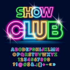 Vector bright Neon poster Show Club with Sparkling Stars. Set of Colorful Glowing Alphabet Letters, Numbers and Symbols
