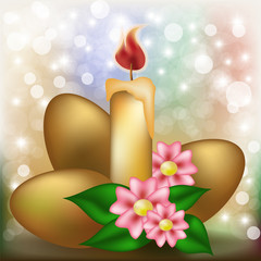 Easter background with golden eggs, flowers and candle vector illustration