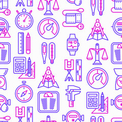 Measuring seamless pattern with thin line icons: stopwatch, weight scales, speedometer, smart watch, brass scales, thermometer. Modern vector illustration.