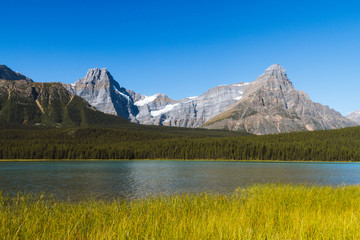 Waterfowl Lakes surronded by Rocky Mountains on sunny day