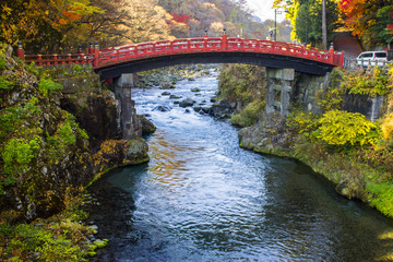 The Shinkyo Bridge or Sacred Bridge, one of the most famous landmarks in Nikko, Japan, part of Futarasan jinja Shinto shrine and a World Heritage Site since 1999 © J. Ossorio Castillo