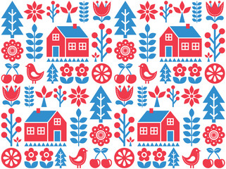 Nordic, Scandinavian inspired folk art seamless pattern - Finnish vector design in blue and red