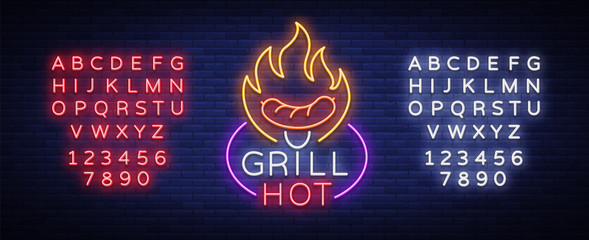 Grill logo in a neon style. Vector illustration on the theme of food, meat of the same. Neon sign, bright symbol, Grill bar, restaurant, snack bar, dining room. BBQ party. Editing text neon sign
