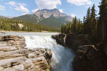Fototapeta na wymiar Scenic remote wide valley with river and forest in Rocky Mountains in Canada on sunny day