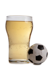 Glass beer mug and a ball on a white background