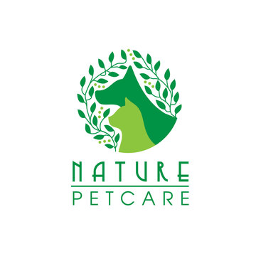 natural pet care logo, Pet and eco symbol logo, leaf dog and cat logo,Unique pet and organic logotype design template.