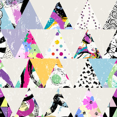 seamless geometric background pattern, with triangles, flowers, circles, paint strokes and splashes