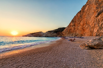 Beautiful sunset background in the sea at Porto Katsiki Beach in Lefkada Island, Greece
