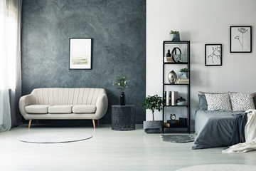 Elegant sofa standing by black wall